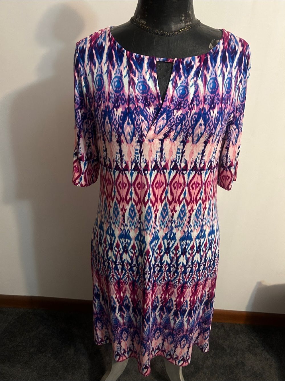 Chico's Vibrant Ikat Print Midi Dress in Pink, Blue, White